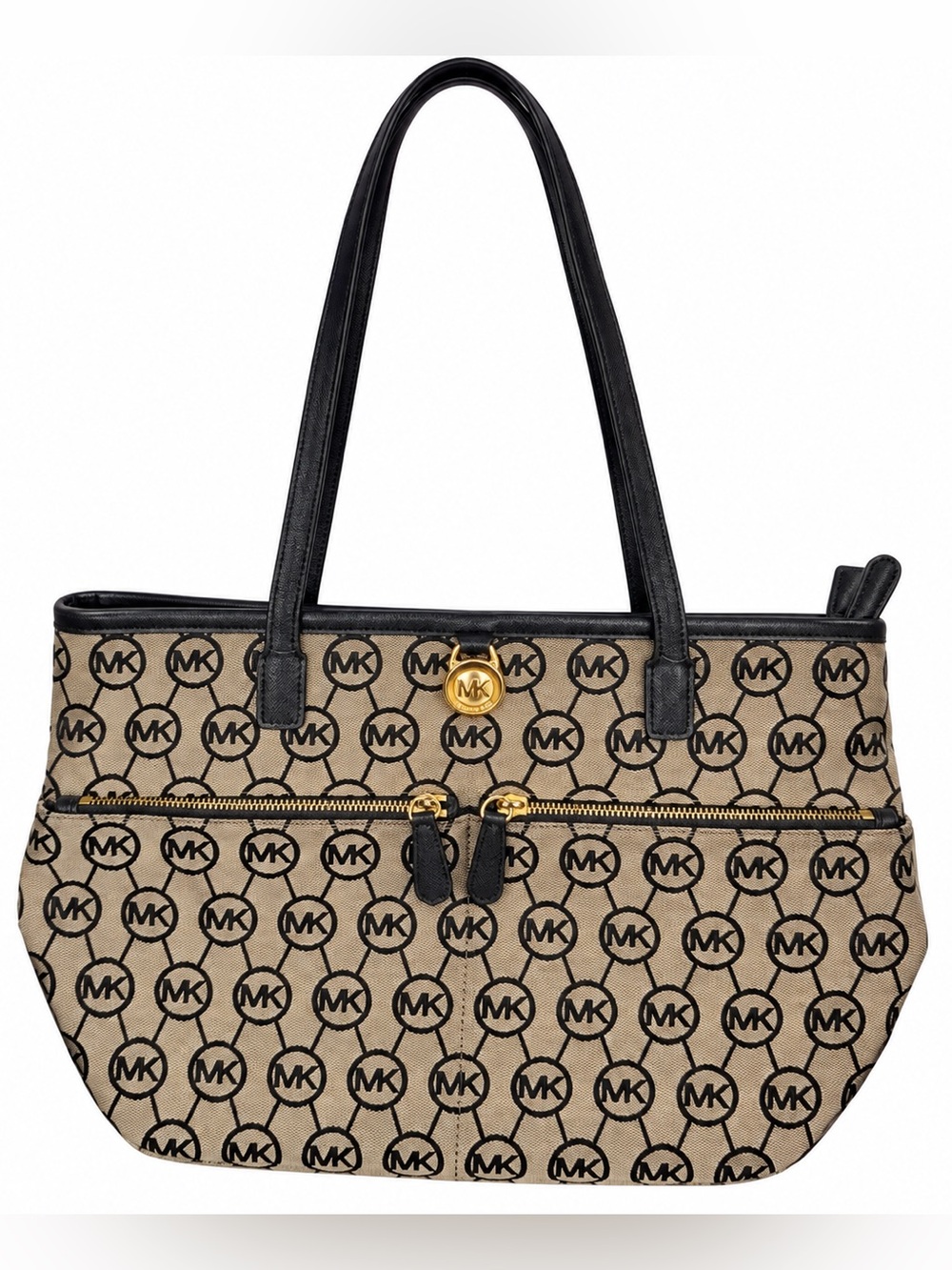 Michael Kors Block Monogram Signature Jacquard Tote Bag Beige Black Gold